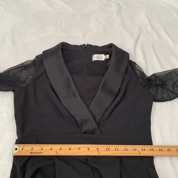 Eliza J Black Tuxedo Jumpsuit Sheer Mesh Long Sleeve Shawl Collar Womens 8 - Picture 10 of 11